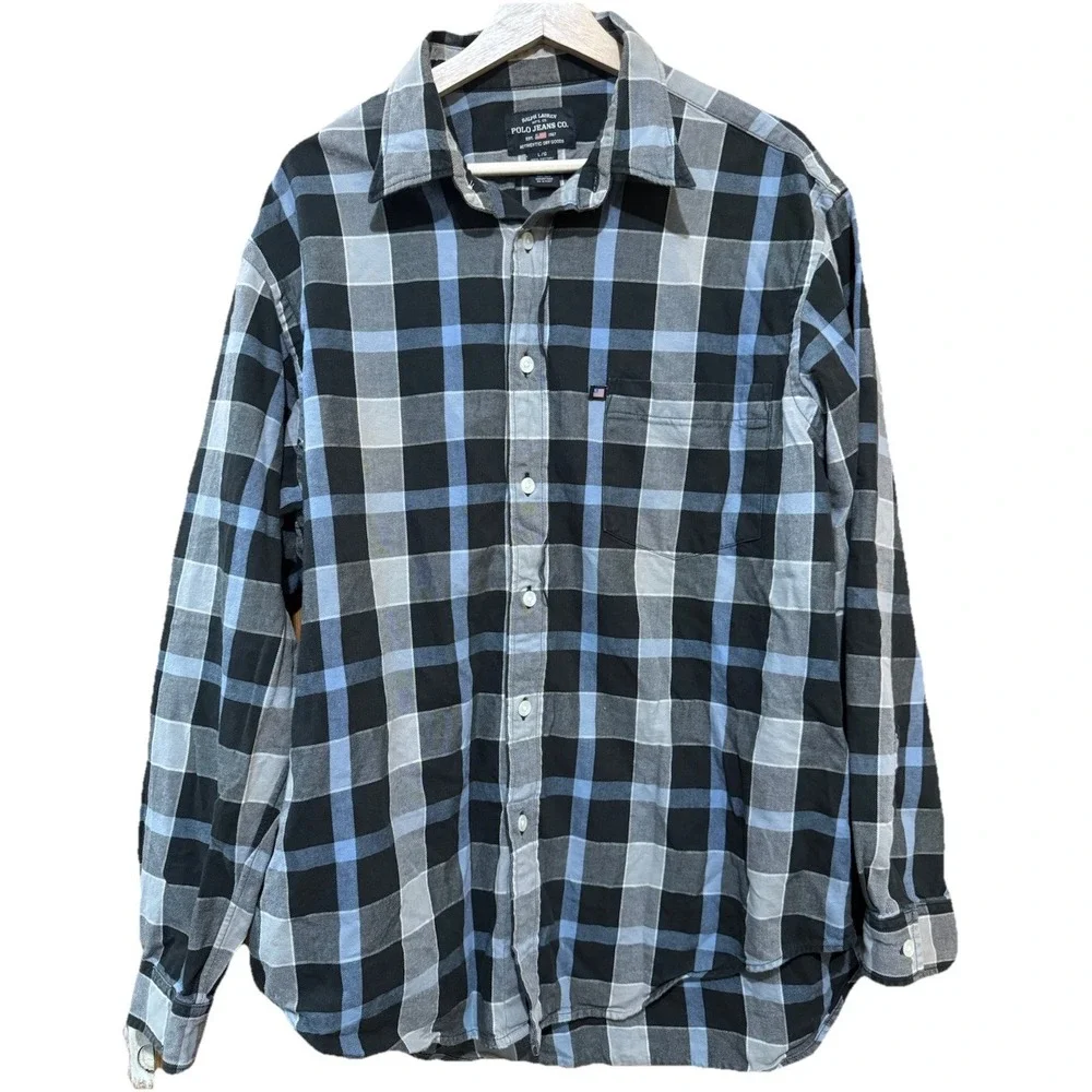 Polo Ralph Lauren‎ Jeans Co Vintage Flannel Shirt Men's Blue Plaid Large